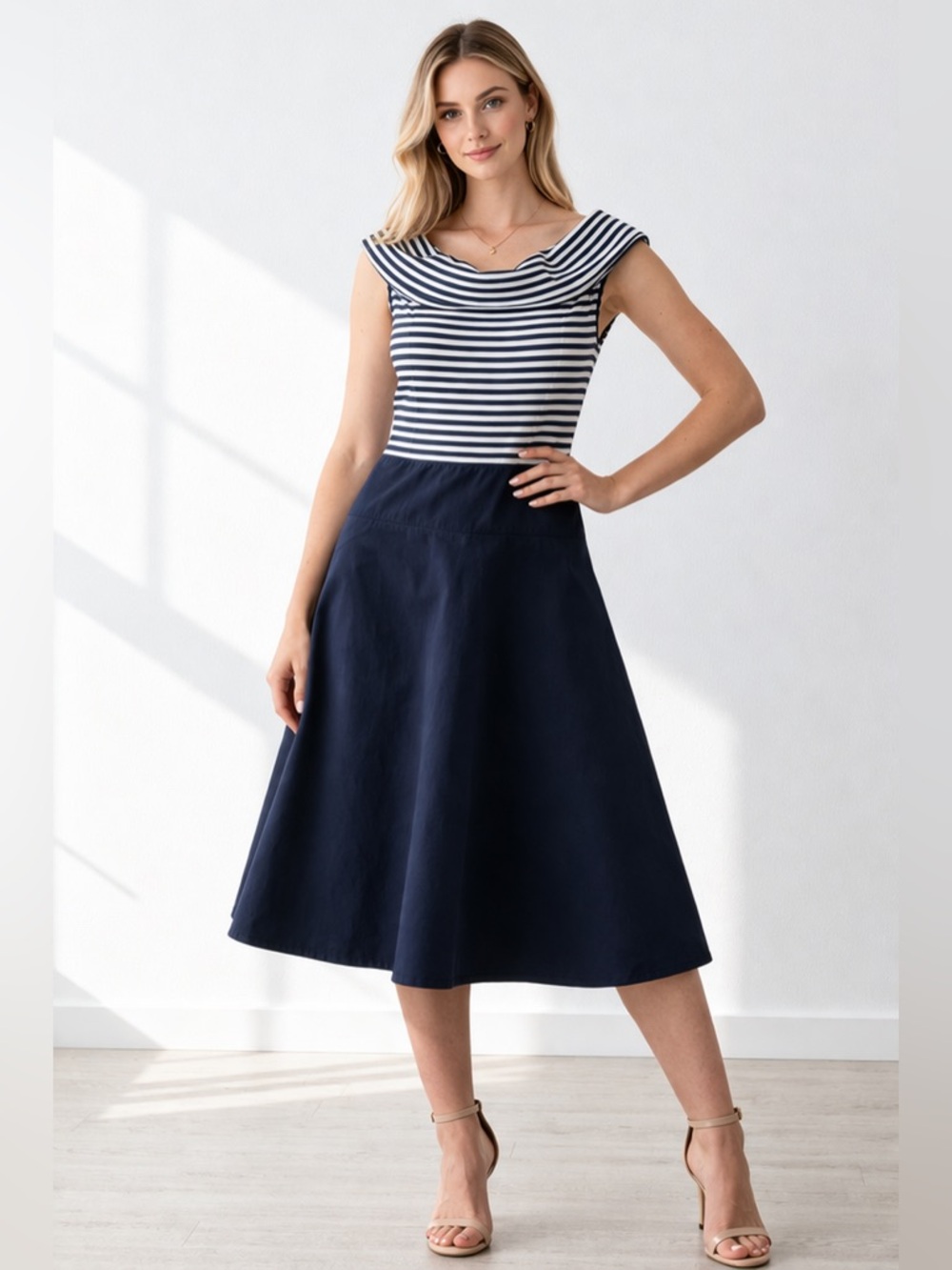 Ralph Lauren Midi Dress Navy White Striped Nautical Fit & Flare Dress Cotton S